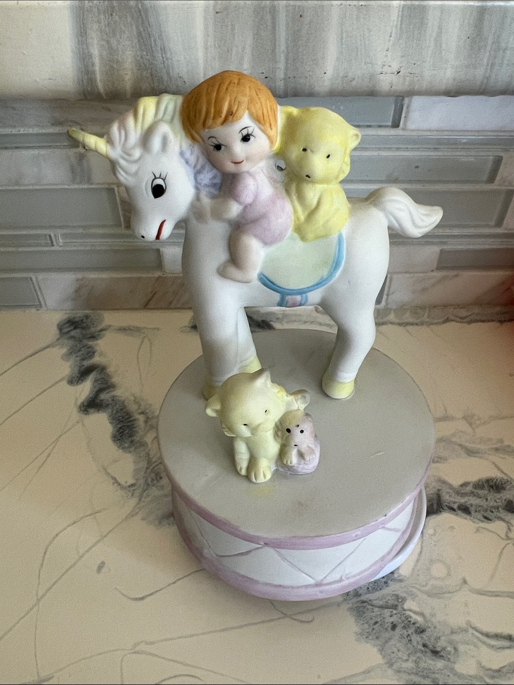 White Unicorn Music Box with Pastel Baby and Animal Figures